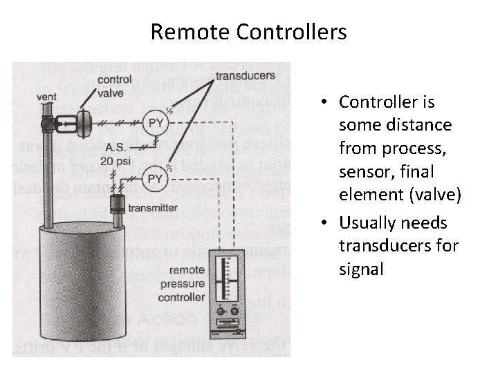 Remote Controllers • Controller is some distance from process, sensor, final element (valve) •
