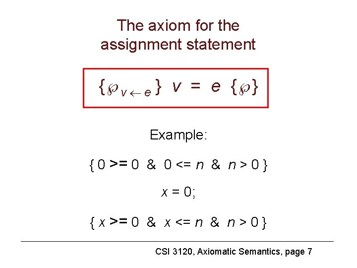 The axiom for the assignment statement { v e } v = e {