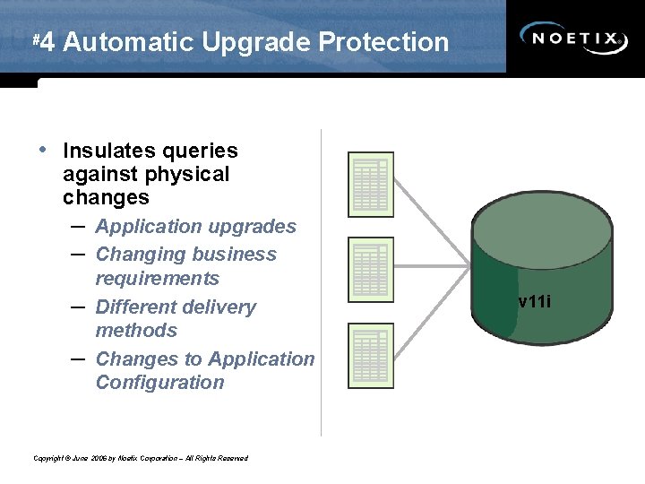 # 4 Automatic Upgrade Protection • Insulates queries against physical changes – – Application # 4 Automatic Upgrade Protection • Insulates queries against physical changes – – Application