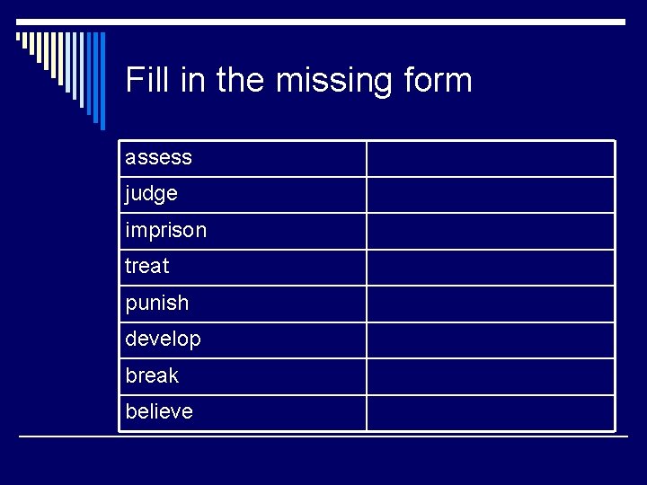 Fill in the missing form assess judge imprison treat punish develop break believe 