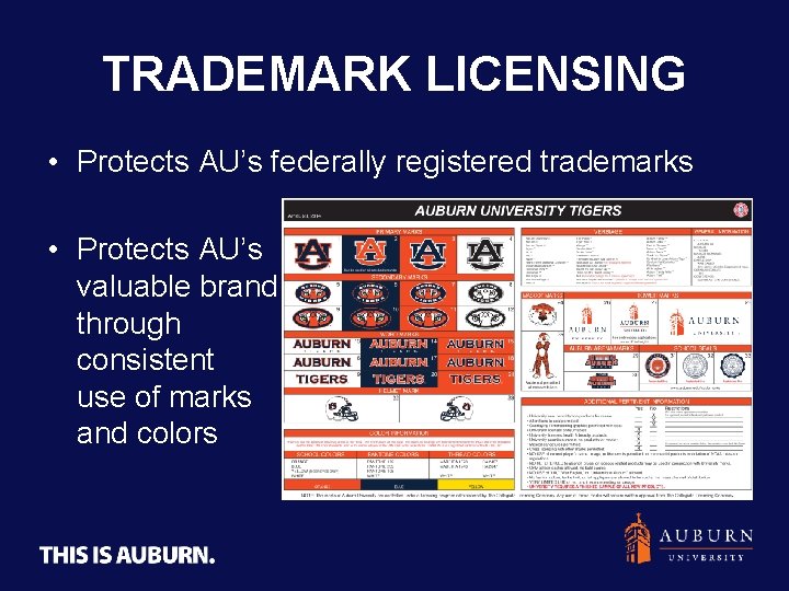 TRADEMARK LICENSING • Protects AU’s federally registered trademarks • Protects AU’s valuable brand through