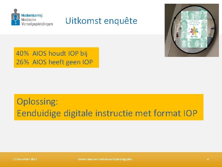 Uitkomst enquête 40% AIOS houdt IOP bij 26% AIOS heeft geen IOP Oplossing: Eenduidige