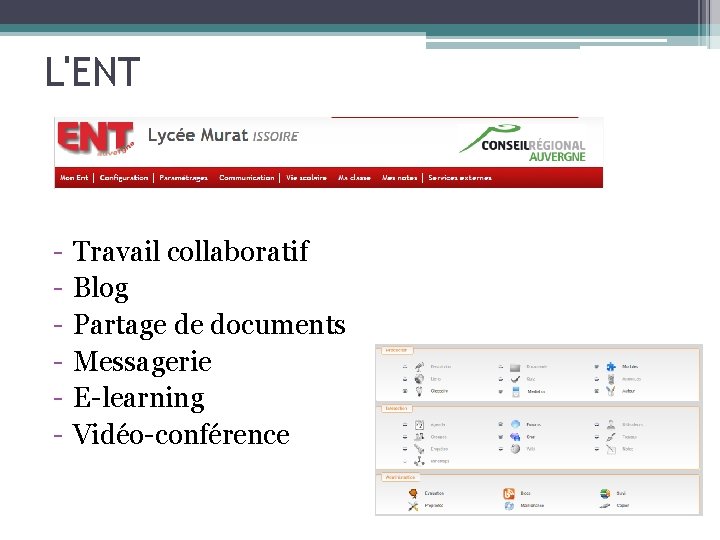 L'ENT - Travail collaboratif Blog Partage de documents Messagerie E-learning Vidéo-conférence 