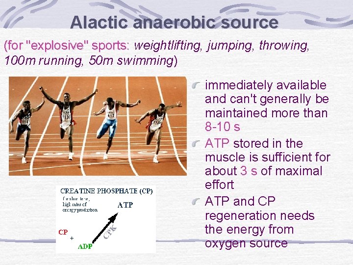 Alactic anaerobic source (for "explosive" sports: weightlifting, jumping, throwing, 100 m running, 50 m