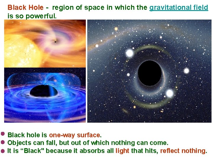 Black Hole - region of space in which the gravitational field is so powerful.