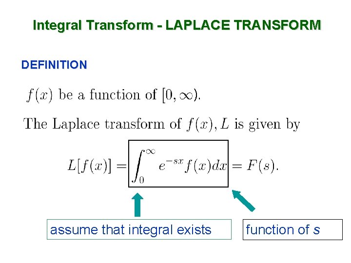Integral Transform - LAPLACE TRANSFORM DEFINITION ) assume that integral exists function of s
