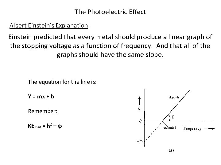 The Photoelectric Effect Albert Einstein’s Explanation: Einstein predicted that every metal should produce a