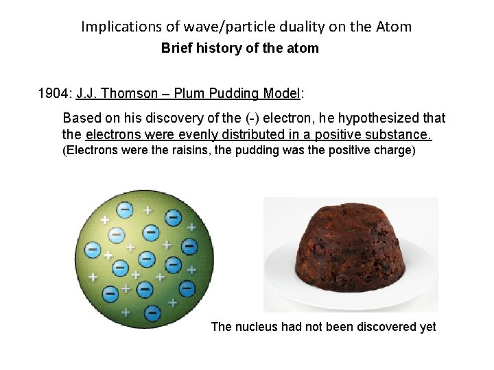 Implications of wave/particle duality on the Atom Brief history of the atom 1904: J.
