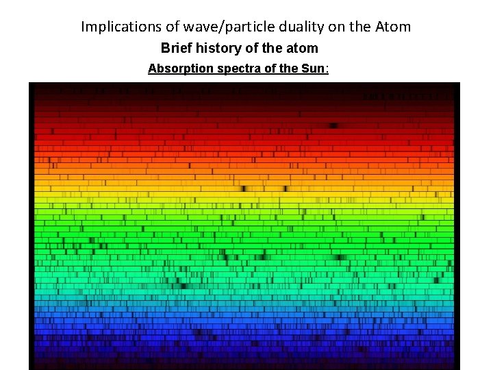 Implications of wave/particle duality on the Atom Brief history of the atom Absorption spectra