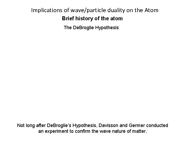 Implications of wave/particle duality on the Atom Brief history of the atom The De.