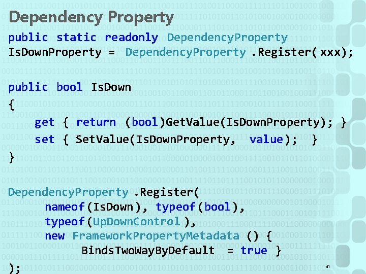 Dependency Property public static readonly Dependency. Property Is. Down. Property = Dependency. Property. Register(