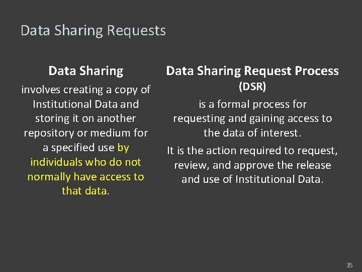 Data Sharing Requests Data Sharing involves creating a copy of Institutional Data and storing