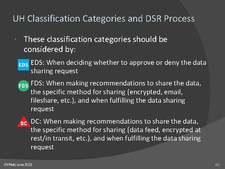 UH Classification Categories and DSR Process These classification categories should be considered by: EDS: