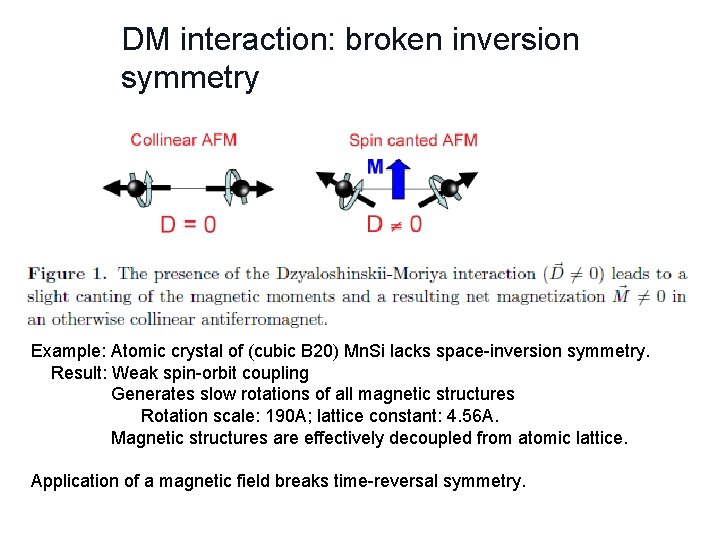 DM interaction: broken inversion symmetry Example: Atomic crystal of (cubic B 20) Mn. Si