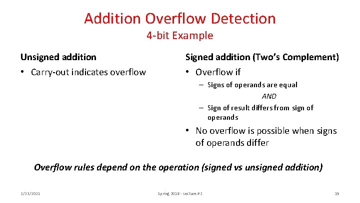 Addition Overflow Detection 4 -bit Example Unsigned addition • Carry-out indicates overflow Signed addition