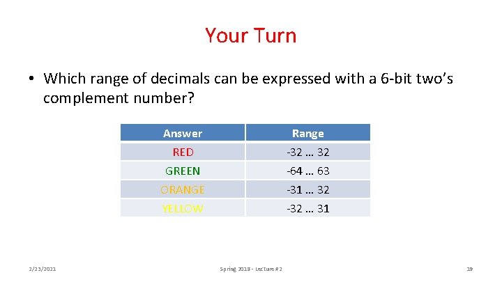 Your Turn • Which range of decimals can be expressed with a 6 -bit