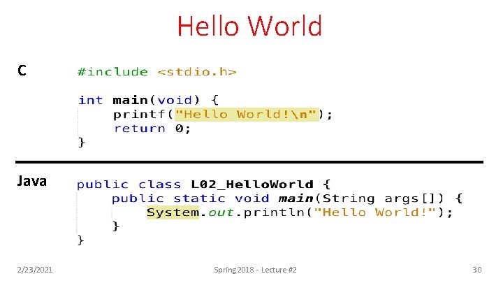 Hello World C Java 2/23/2021 Spring 2018 - Lecture #2 30 