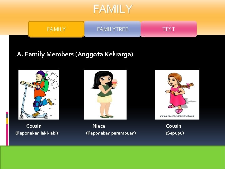 FAMILYTREE TEST A. Family Members (Anggota Keluarga) Cousin (Keponakan laki-laki) Niece (Keponakan perempuan) Cousin