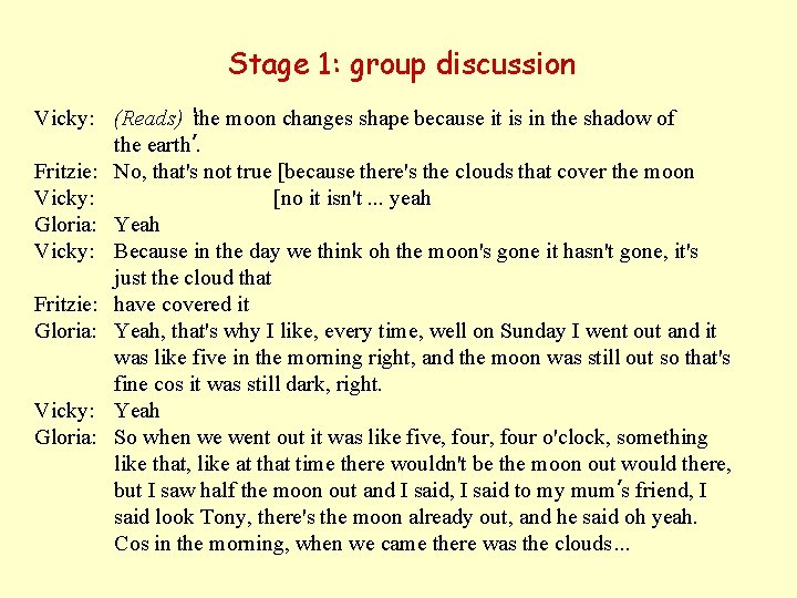 Stage 1: group discussion Vicky: (Reads) ‘the moon changes shape because it is in