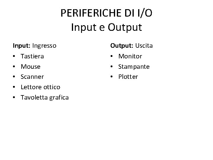 PERIFERICHE DI I/O Input e Output Input: Ingresso • • • Tastiera Mouse Scanner
