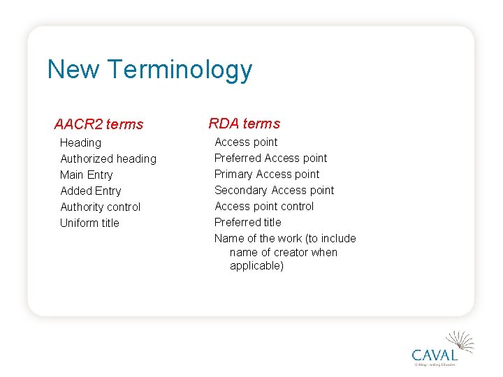 New Terminology AACR 2 terms Heading Authorized heading Main Entry Added Entry Authority control