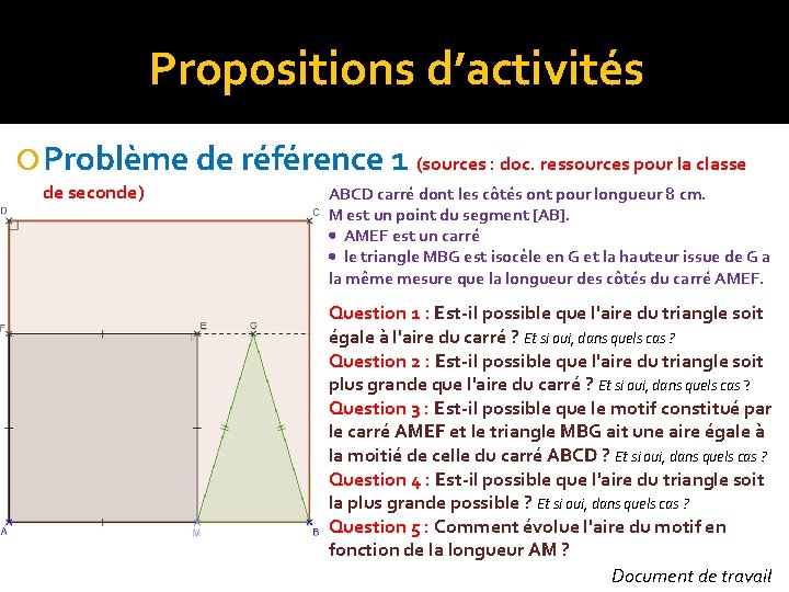 Propositions d’activités Problème de référence 1 (sources : doc. ressources pour la classe de