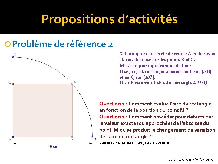 Propositions d’activités Problème de référence 2 Soit un quart de cercle de centre A