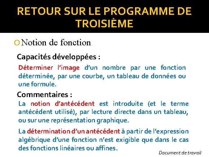 RETOUR SUR LE PROGRAMME DE TROISIÈME Notion de fonction Capacités développées : Déterminer l’image