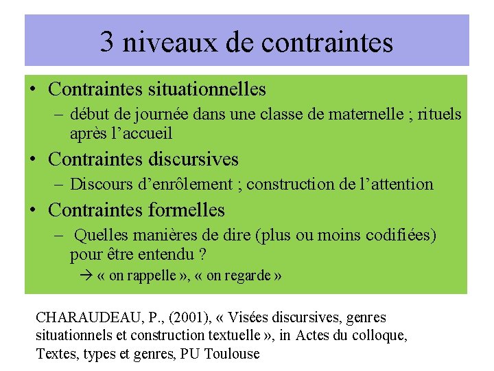 3 niveaux de contraintes • Contraintes situationnelles – début de journée dans une classe