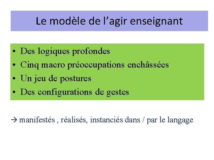 Le modèle de l’agir enseignant • • Des logiques profondes Cinq macro préoccupations enchâssées