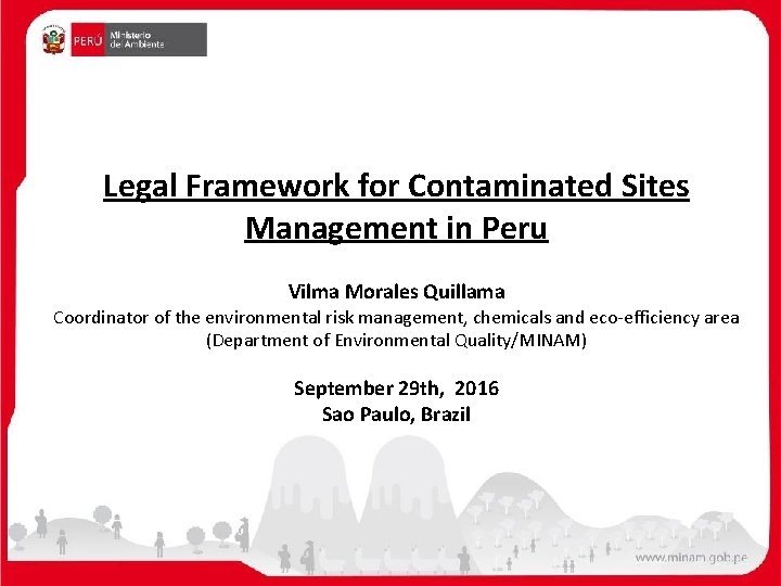 Legal Framework for Contaminated Sites Management in Peru Vilma Morales Quillama Coordinator of the