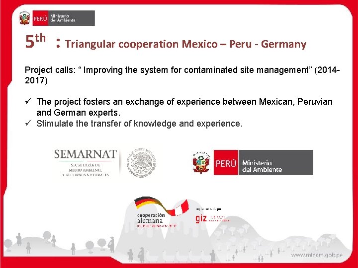 5 th : Triangular cooperation Mexico – Peru - Germany Project calls: “ Improving
