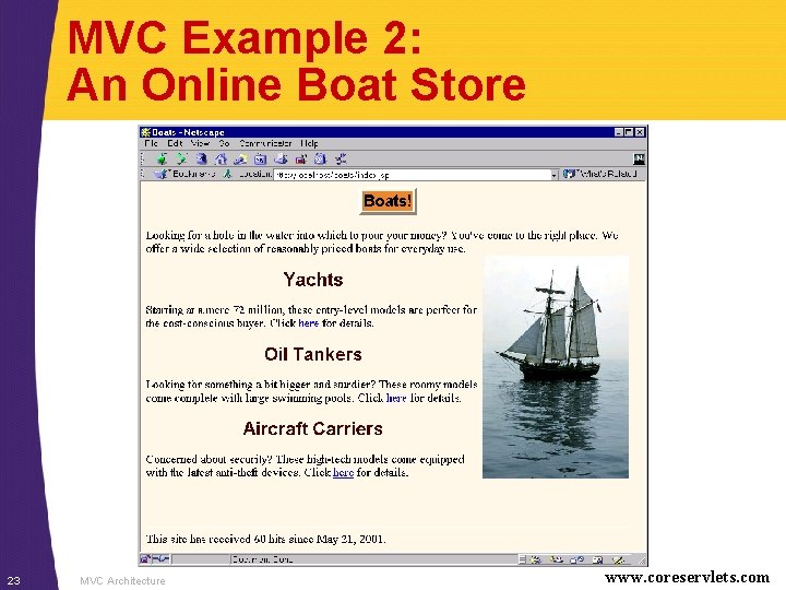 MVC Example 2: An Online Boat Store 23 MVC Architecture www. coreservlets. com 