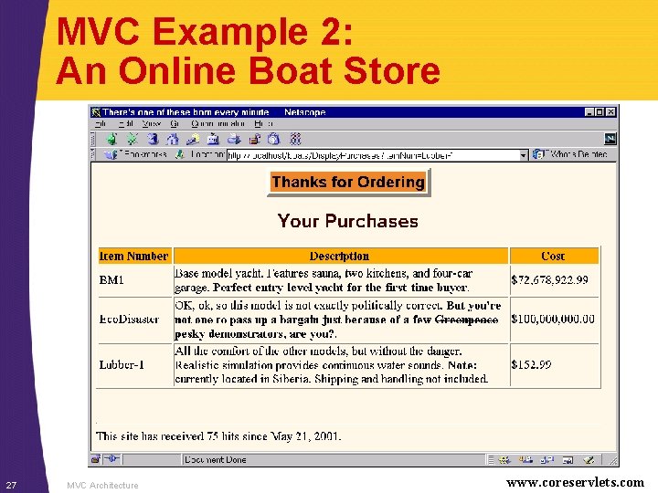 MVC Example 2: An Online Boat Store 27 MVC Architecture www. coreservlets. com 