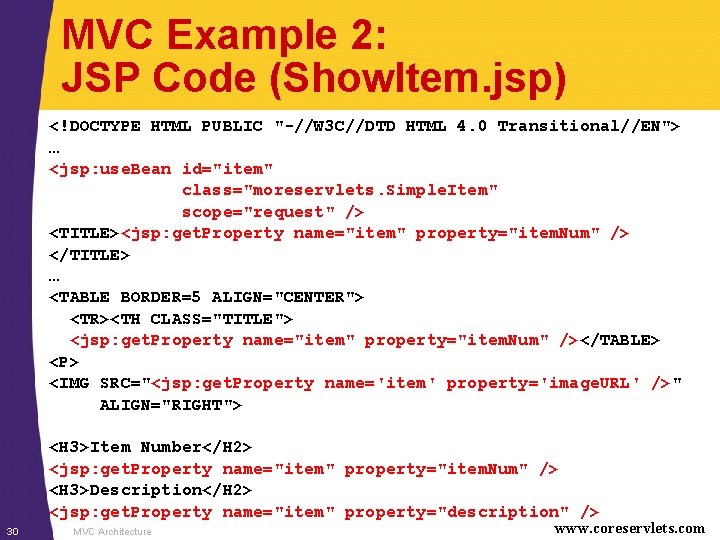 MVC Example 2: JSP Code (Show. Item. jsp) <!DOCTYPE HTML PUBLIC "-//W 3 C//DTD