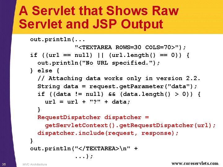 A Servlet that Shows Raw Servlet and JSP Output out. println(. . . "<TEXTAREA