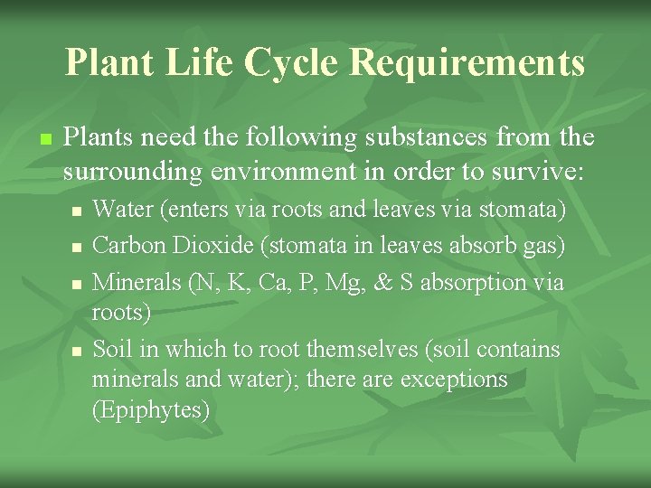 Plant Life Cycle Requirements n Plants need the following substances from the surrounding environment