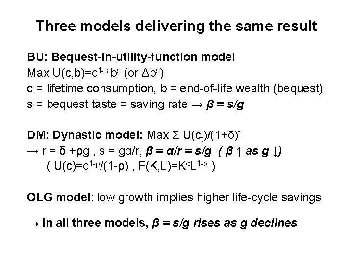 Three models delivering the same result BU: Bequest-in-utility-function model Max U(c, b)=c 1 -s