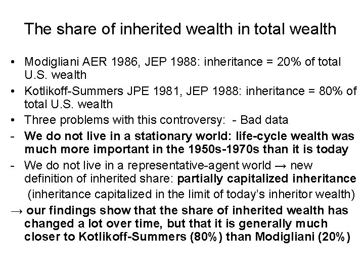 The share of inherited wealth in total wealth • Modigliani AER 1986, JEP 1988: