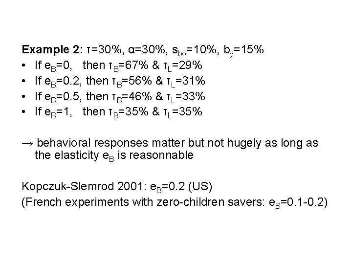 Example 2: τ=30%, α=30%, sbo=10%, by=15% • If e. B=0, then τB=67% & τL=29%