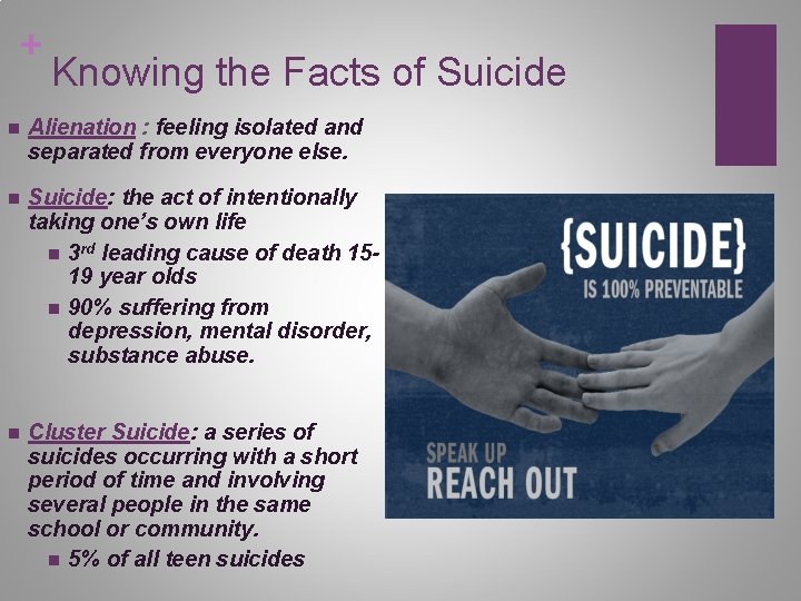 + Knowing the Facts of Suicide n Alienation : feeling isolated and separated from