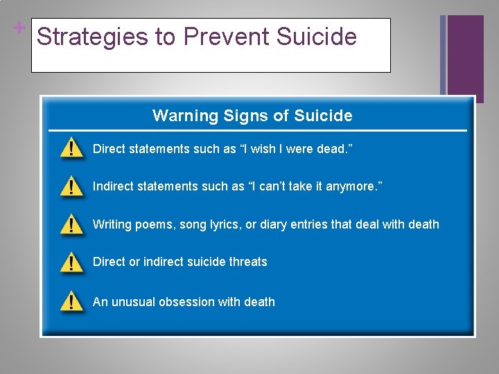 + Strategies to Prevent Suicide Warning Signs of Suicide Direct statements such as “I