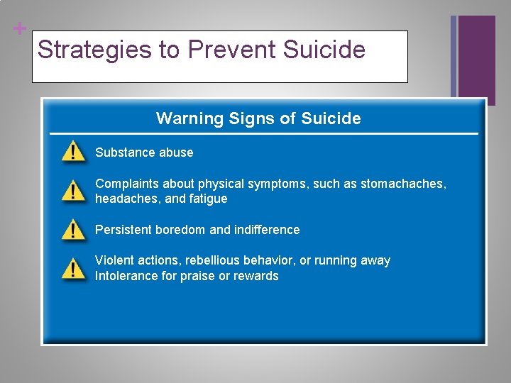 + Strategies to Prevent Suicide Warning Signs of Suicide Substance abuse Complaints about physical