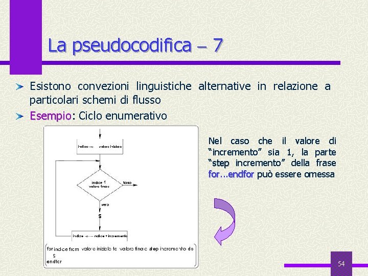 La pseudocodifica 7 Esistono convezioni linguistiche alternative in relazione a particolari schemi di flusso
