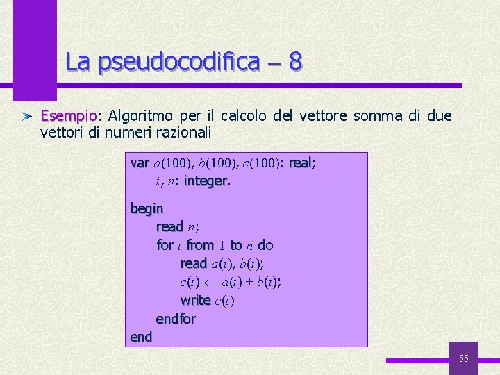 La pseudocodifica 8 Esempio: Esempio Algoritmo per il calcolo del vettore somma di due