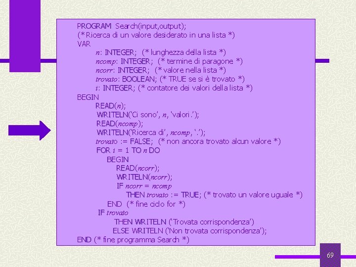 PROGRAM Search(input, output); PROGRAM (* Ricerca di un valore desiderato in una lista *)