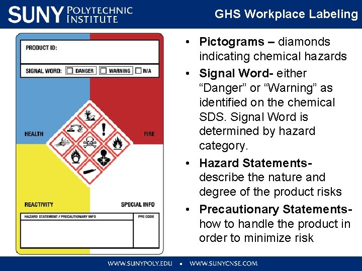 GHS Workplace Labeling • Pictograms – diamonds indicating chemical hazards • Signal Word- either
