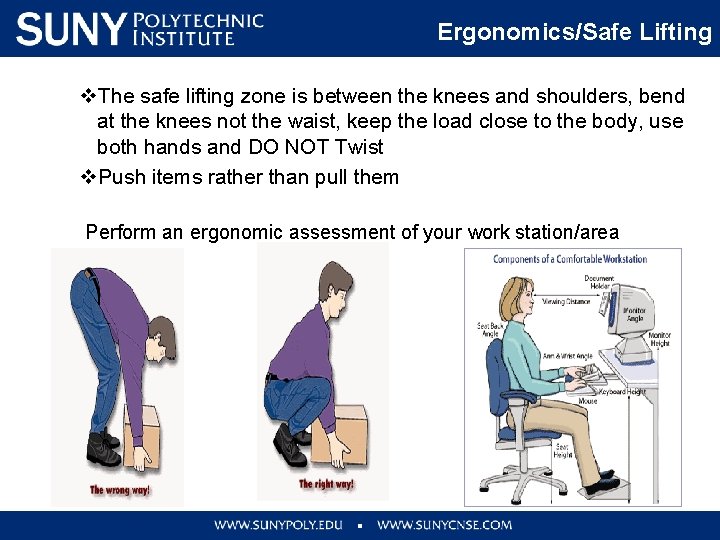 Ergonomics/Safe Lifting v. The safe lifting zone is between the knees and shoulders, bend
