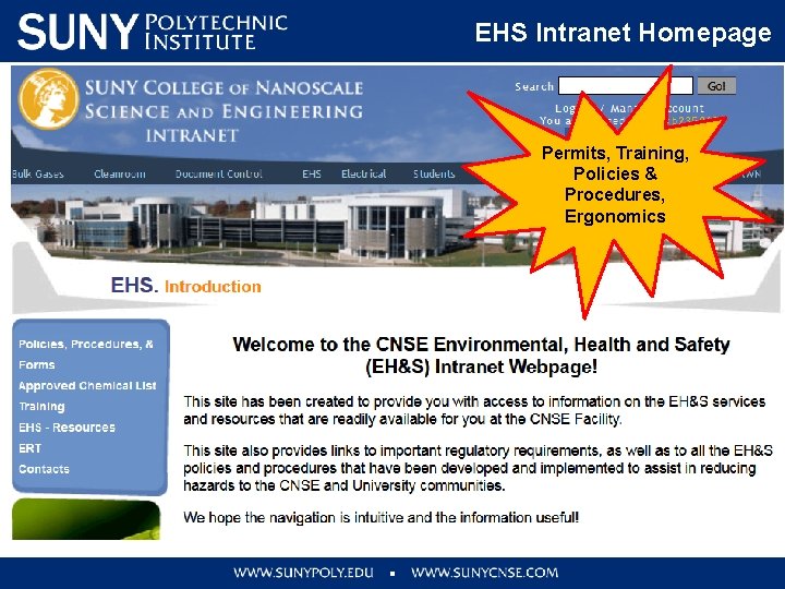 EHS Intranet Homepage Permits, Training, Policies & Procedures, Ergonomics 