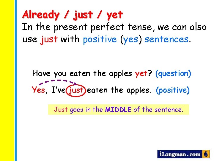 Already / just / yet In the present perfect tense, we can also use